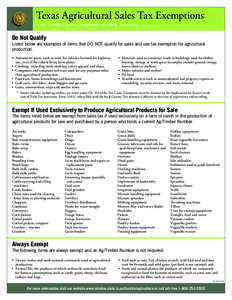 [removed]Texas Agriculatural Sales Tax Exemptions