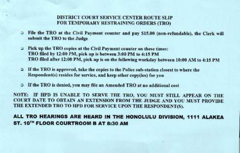 DISTRICT COURT SERVICE CENTERROUTE SLIP FOR TEMPORARY RESTRAIT\rNG ORDERS (IRO) o  File the TRO at the Civil Payment counter and pay $[removed]non-refundable), the Clerk will