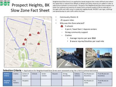 Prospect Heights, BK Slow Zone Fact Sheet Neighborhood Slow Zones is an application-based program that creates defined areas where the speed limit is reduced from 30mph to 20mph and safety measures are added in order to 