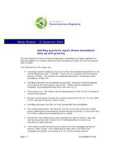 Media Release - 15 December 2008 ComReg quarterly report shows broadband take-up still growing