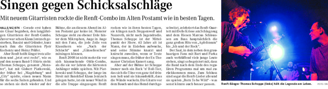 Singen gegen Schicksalschläge Mit neuem Gitarristen rockte die Renft-Combo im Alten Postamt wie in besten Tagen. - Gerade erst haben sie Cäsar begraben, den langjährigen Gitarristen der Renft-Combo. Zuvor war schon Kl