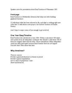 Speaker notes for presentation about EasyTimeline at Wikimania[removed]Front page EasyTimeline is a Mediawiki extension that helps you with building