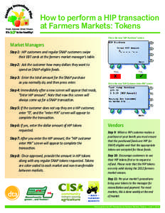 How to perform a HIP transaction at Farmers Markets: Tokens This is the new “HIP Purchase” screen. Market Managers Step 1: HIP customers and regular SNAP customers swipe