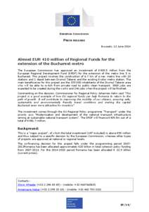 EUROPEAN COMMISSION  PRESS RELEASE Brussels, 12 June[removed]Almost EUR 410 million of Regional Funds for the