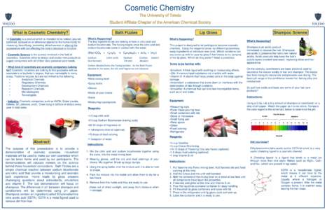 Cosmetic Chemistry What is Cosmetic Chemistry? •A Cosmetic is a product which is intended to be rubbed, poured, sprinkled, sprayed on or otherwise applied to the human body for cleansing, beautifying, promoting attract