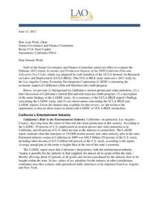 Letter to Legislator--Evaluation of UCLA Film Credit Study
