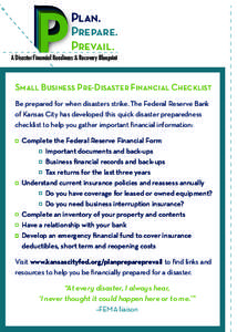 P﹒ P﹒ P﹒ A Disaster Financial Readiness & Recovery Blueprint  Small Business Pre-Disaster Financial Checklist