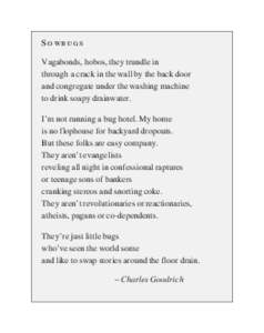 SOWBUGS Vagabonds, hobos, they trundle in through a crack in the wall by the back door and congregate under the washing machine to drink soapy drainwater. I’m not running a bug hotel. My home