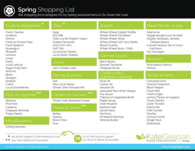 Spring Shopping List this shopping list is designed for my Spring seasonal menu in Go Green Get Lean Fruits & Vegetables Fresh Cherries Scallions