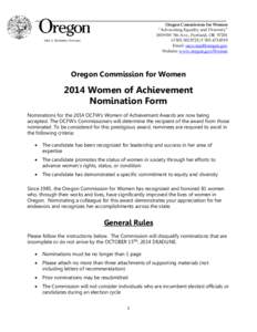 Oregon Commission for Women “Advocating Equality and Diversity” 1819 SW 5th Ave., Portland, OR[removed]O[removed]F[removed]Email: [removed] Website: www.oregon.gov/Women