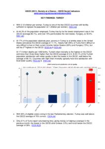 OECD (2011), Society at a Glance – OECD Social Indicators www.oecd.org/els/social/indicators/SAG KEY FINDINGS: TURKEY   With 2.12 children per woman, Turkey is one of the few OECD countries with fertility