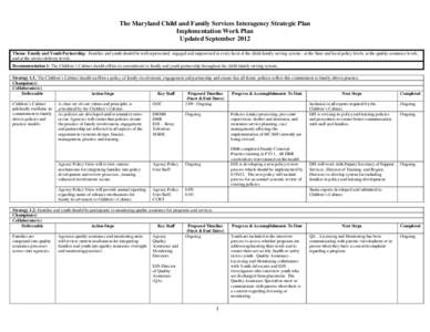 The Maryland Child and Family Services Interagency Strategic Plan Implementation Work Plan Updated September 2012 Theme: Family and Youth Partnership - Families and youth should be well-represented, engaged and empowered