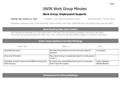 Page 1  UWIN Work Group Minutes Work Group: Employment Supports Meeting Date: October 23, 2002