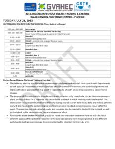 2013 ARIZONA INFECTIOUS DISEASE TRAINING & EXERCISE BLACK CANYON CONFERENCE CENTER – PHOENIX TUESDAY JULY 23, 2013  VECTORBORNE DISEASES TABLE TOP EXERCISE (Times Subject to Change)