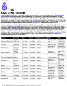 Tito 1825 Births  TITO 1825 Birth Records The following information about Tito, Potenza has been extracted by Grace Olivo, publisher and editor of Comunes of Italy Magazine and is posted here in order to help other resea