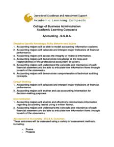 College of Business Administration Academic Learning Compacts Accounting - B.S.B.A. Discipline Specific Knowledge, Skills, Behavior and Values 1. Accounting majors will be able to model accounting information systems. 2.