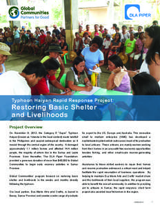 Typhoon Haiyan Rapid Response Project:  Restoring Basic Shelter and Livelihoods Project Overview On November 8, 2013, the Category 5 “Super” Typhoon