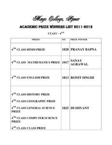 `Mayo College, Ajmer ACADEMIC PRIZE WINNERS LISTCLASS – 4TH PRIZES  4TH CLASS HINDI PRIZE