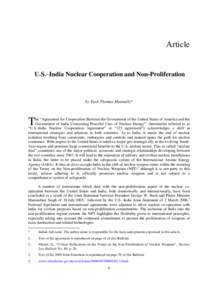 Article  U.S.–India Nuclear Cooperation and Non-Proliferation by Yash Thomas Mannully*