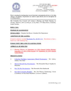 CITY OF COLUMBIA CITY COUNCIL MEETING AGENDA REVISED TUESDAY, MARCH 4, 2014 6:00 P.M. CITY HALL[removed]MAIN STREET COUNCIL CHAMBERS - 3RD FLOOR