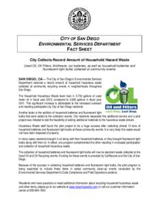 CITY OF SAN DIEGO ENVIRONMENTAL SERVICES DEPARTMENT FACT SHEET City Collects Record Amount of Household Hazard Waste Used Oil, Oil Filters, Antifreeze, car batteries, as well as household batteries and fluorescent light 