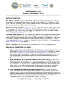 Weekly Drought Brief Tuesday, September 2, 2014 CURRENT CONDITIONS Fire Activity: CAL FIRE has responded to 4,429 wildfires across the state since January 1, burning 84,833 acres. This year’s fire activity is above the
