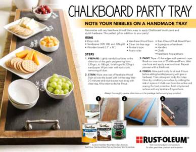 CHALKBOARD PARTY TRAY NOTE YOUR NIBBLES ON A HANDMADE TRAY Personalize with any Varathane Wood Stain, easy to apply Chalkboard brush paint and stylish hardware. The perfect gift or addition to your party!