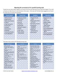 Adjusting the curriculum to fit a specific learning style  Sometimes you may need to adjust a curriculum to fit the learning style of more than one student. This chart  will give you ideas
