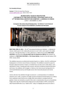 RICARDO BOFILL TALLER DE ARQUITECTURA   For	
  Immediate	
  Release	
   	
  