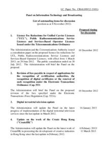 LC Paper No. CB[removed]Panel on Information Technology and Broadcasting List of outstanding items for discussion (position as at 8 November[removed]Proposed timing for discussion