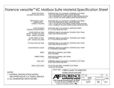 TM  Florence versatile 4C Mailbox Suite Material Specification Sheet FRONT LEFT GATE :  EXTRUDED 6061-T6 ALUMINUM, POWDER COAT FINISH