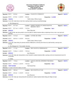 University of Southern California Department of Public Safety Daily Incident Log FromToReported: 9/2/15