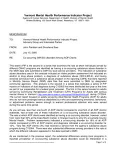 Vermont Mental Health Performance Indicator Project Agency of Human Services, Department of Health, Division of Mental Health Weeks Building, 103 South Main Street, Waterbury, VT[removed]MEMORANDUM TO: