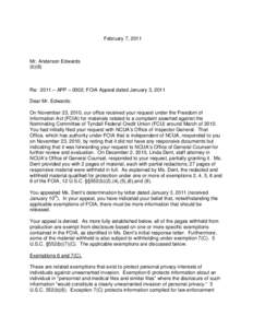 February 7, 2011  Mr. Anderson Edwards (b)(6)  Re: 2011 – APP – 0002; FOIA Appeal dated January 3, 2011