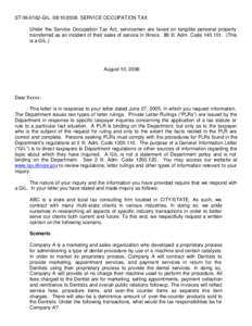 ST[removed]GIL[removed]SERVICE OCCUPATION TAX Under the Service Occupation Tax Act, servicemen are taxed on tangible personal property transferred as an incident of their sales of service in Illinois. 86 Ill. Adm. Cod