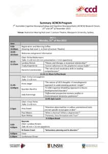 Summary ACNCN-Program th 7 Australian Cognitive Neuropsychology and Cognitive Neuropsychiatry (ACNCN) Research Forum, 25th and 26th of November[removed]Venue: Australian Hearing Hub Level 1 Lecture Theatre, Macquarie Unive