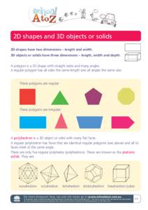 2D shapes and 3D objects or solids 2D shapes have two dimensions – length and width. 3D objects or solids have three dimensions – length, width and depth. A polygon is a 2D shape with straight sides and many angles. 