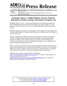 Particulate Matter-2.5 High Pollution Advisory Issued for Remainder of Friday, Saturday and Sunday in Nogales Area
