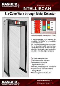 INTELLISCAN Six-Zone Walk through Metal Detector Display Grafico Intelliscan 6 Zone Il metaldetector può operare in modalità “All Metal” o in modalità