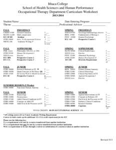Ithaca College School of Health Sciences and Human Performance Occupational Therapy Department Curriculum Worksheet