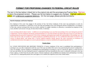 FORMAT FOR PROPOSING CHANGES TO FEDERAL CIRCUIT RULES The text in the box below in black font is the original rule and the accompanying Practice Note. Red text contains the proposed revision. Please use the text below to