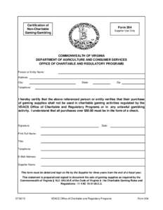 Certification of Non-Charitable Gaming/Gambling Form 304 Supplier Use Only