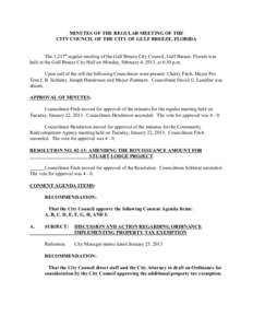 MINUTES OF THE REGULAR MEETING OF THE CITY COUNCIL OF THE CITY OF GULF BREEZE, FLORIDA The 1,217th regular meeting of the Gulf Breeze City Council, Gulf Breeze, Florida was held at the Gulf Breeze City Hall on Monday, Fe