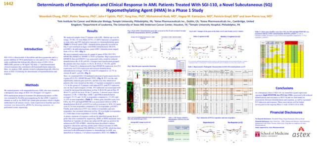 1442  Determinants of Demethylation and Clinical Response In AML Patients Treated With SGI-110, a Novel Subcutaneous (SQ) Hypomethylating Agent (HMA) In a Phase 1 Study Woonbok Chung, PhD1, Pietro Taverna, PhD2, John F L