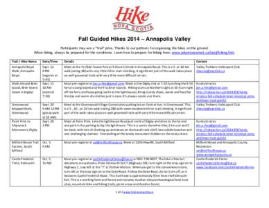 Fall Guided Hikes 2014 – Annapolis Valley Participants may win a “trail