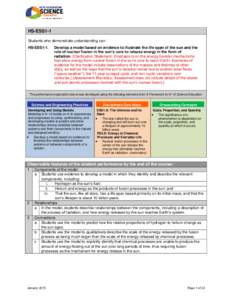 HS-ESS1-1 Students who demonstrate understanding can: HS-ESS1-1. Develop a model based on evidence to illustrate the life span of the sun and the role of nuclear fusion in the sun’s core to release energy in the form o