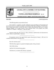 Tuesday, April 22, 2003  LEGISLATIVE ASSEMBLY OF MANITOBA __________________________  VOTES AND PROCEEDINGS