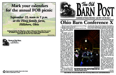 Mark your calendars for the annual FOB picnic September 19, noon to 5 p.m. at the Fling family farm, Hillsboro, Ohio Background photo: The Fling barn, winner of this year’s Barn of the Year award