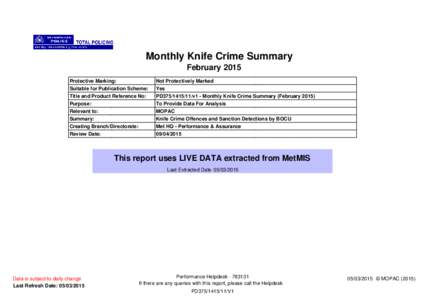 Monthly Knife Crime Summary February 2015 Protective Marking: Suitable for Publication Scheme: Title and Product Reference No: Purpose: