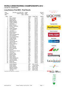 WORLD ORIENTEERING CHAMPIONSHIPS 2012 Lausanne, Switzerland Long Distance Final MEN - Final Results